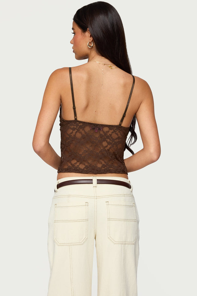 Sheer Lace Cutout Tank Top - Brown
