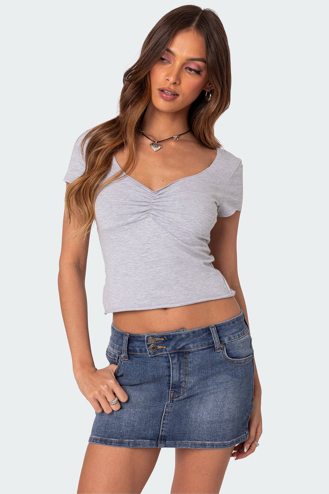Ava V Neck Ruched Top - Gray Melange