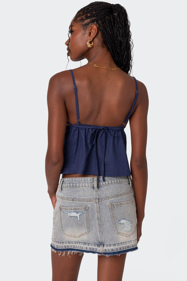 Linen Look Open Back Top - Navy