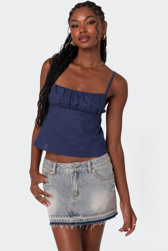 Linen Look Open Back Top - Navy