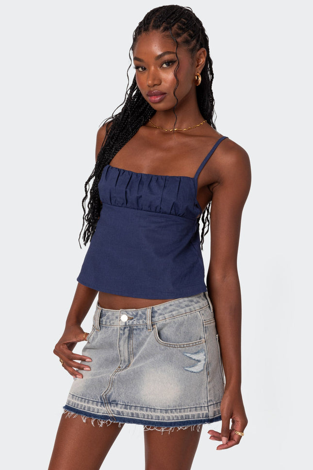 Linen Look Open Back Top - Navy