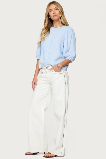 Quincy Studded Low Rise Baggy Jeans - White