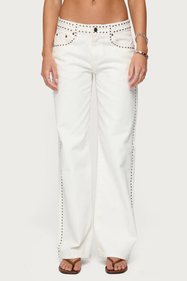 Quincy Studded Low Rise Baggy Jeans - White