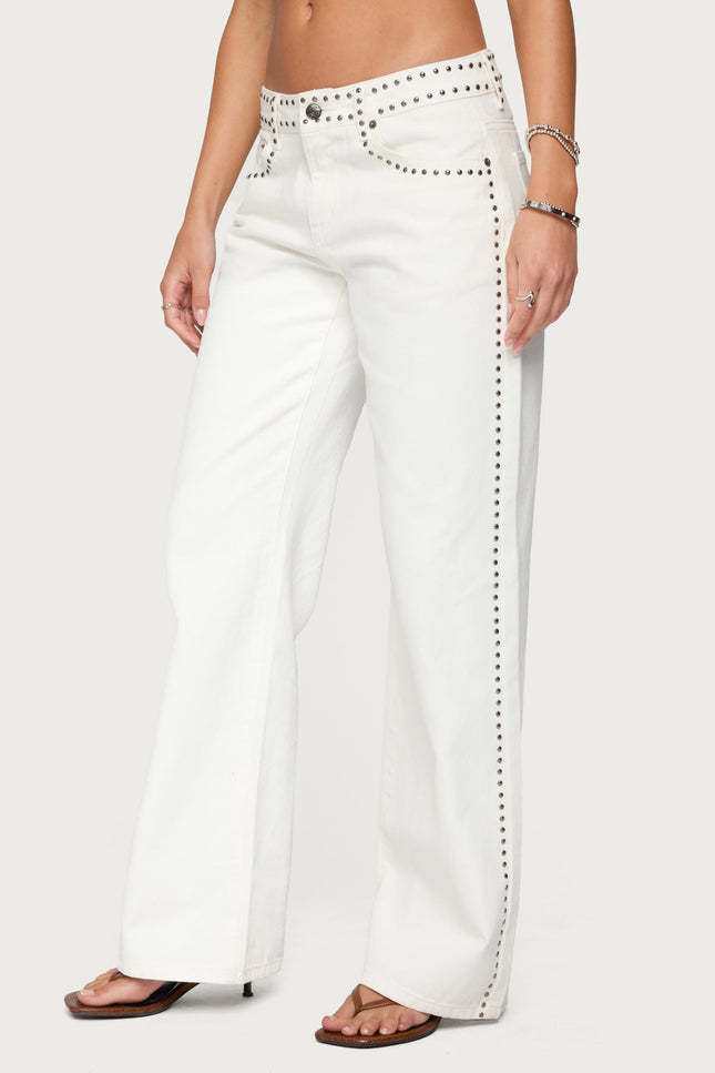 Quincy Studded Low Rise Baggy Jeans - White