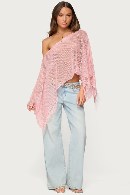 Sequin Fringe Knit Poncho - Pink