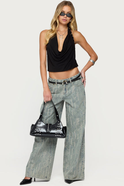 Irina Stud Cowl Neck Halter Top - Black