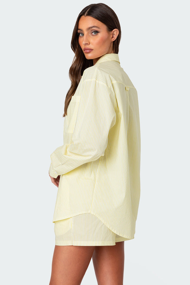 Oversized Pinstripe Button Up Shirt - Yellow