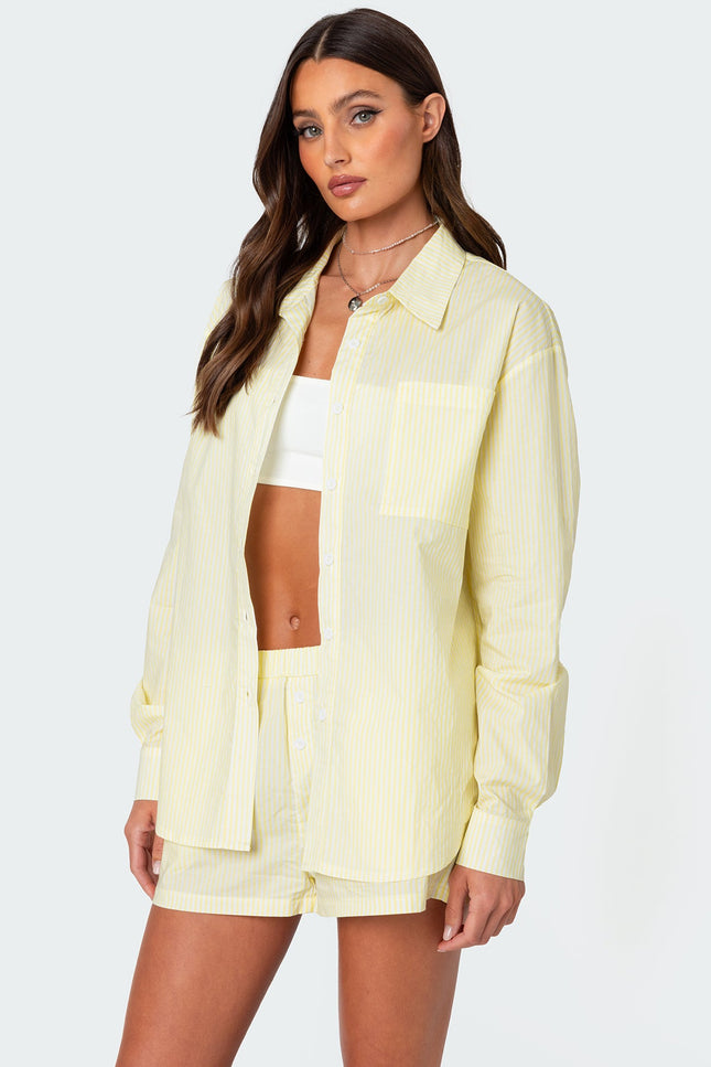 Oversized Pinstripe Button Up Shirt - Yellow