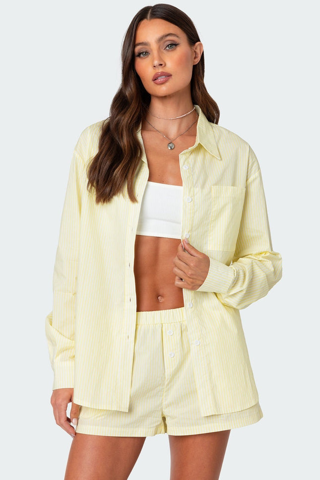 Oversized Pinstripe Button Up Shirt - Yellow