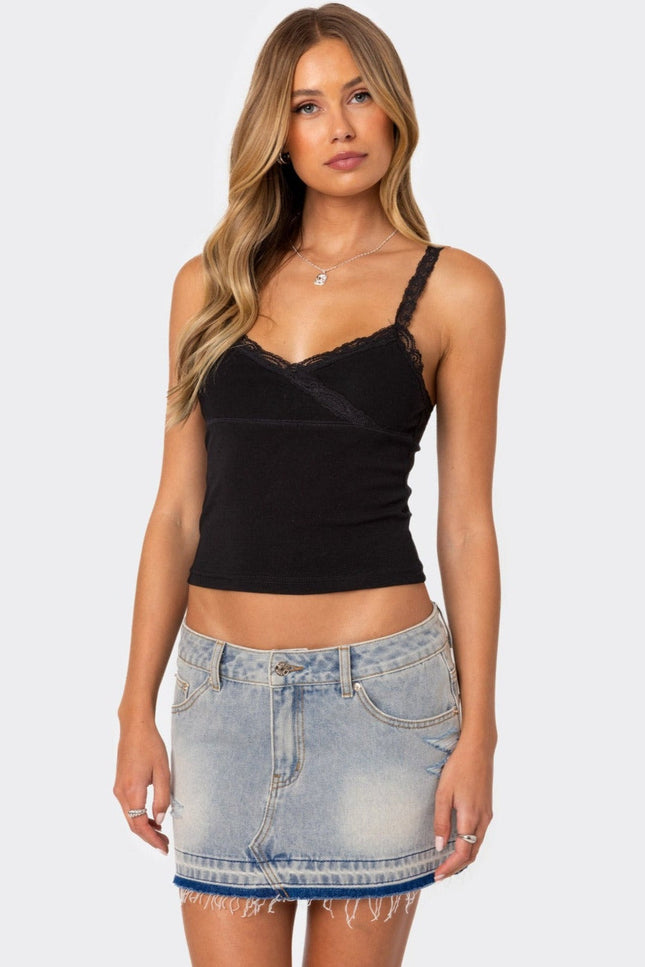 Amilia Lace Trim Tank Top - Black