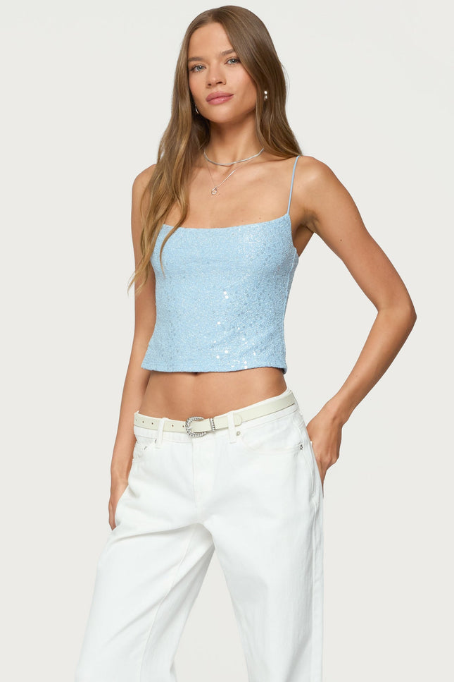 Metallic & Sequin Textured Tank Top - Light Blue
