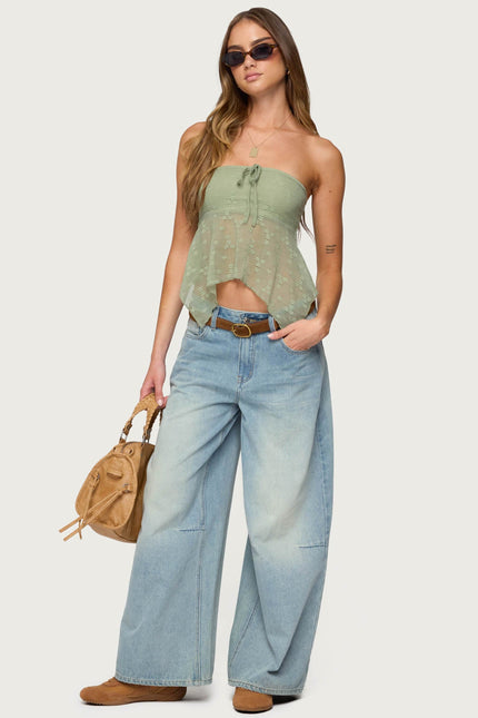 Embroidered Sheer Strapless Top - Sage