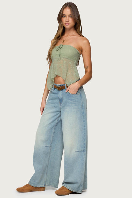 Embroidered Sheer Strapless Top - Sage