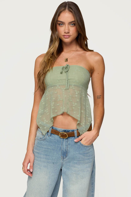 Embroidered Sheer Strapless Top - Sage