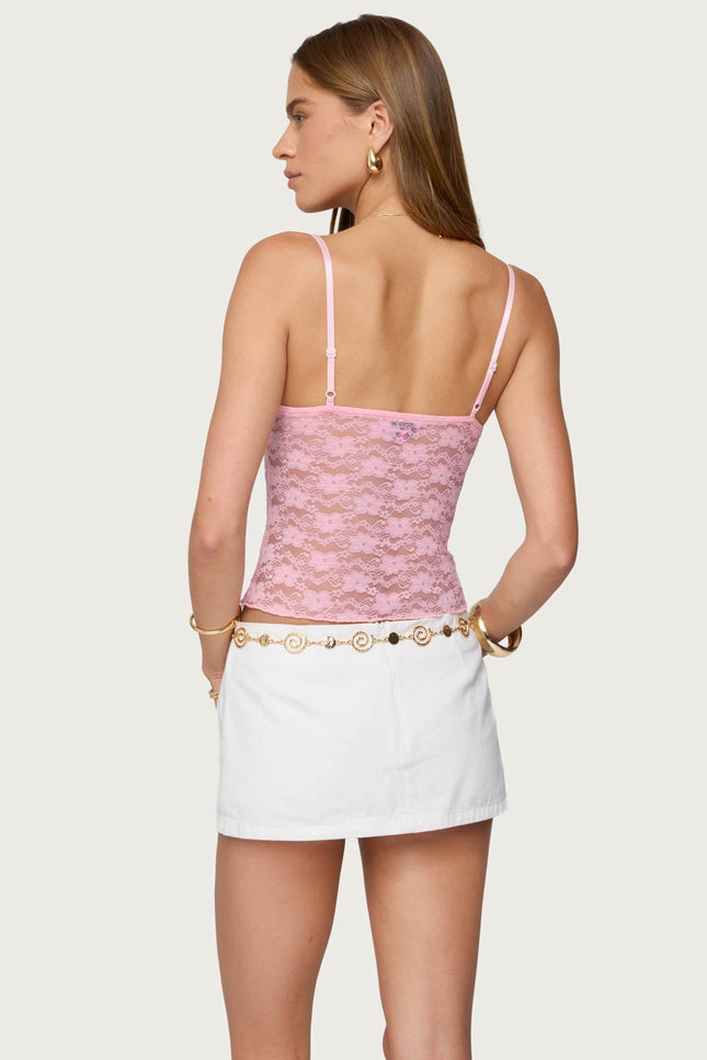 Eira Sheer Lace Tank Top - Pink