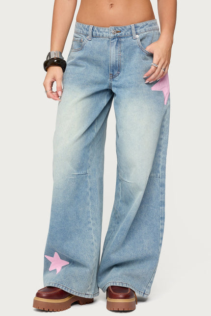 Trish Stars Low Rise Baggy Jeans - Light Blue