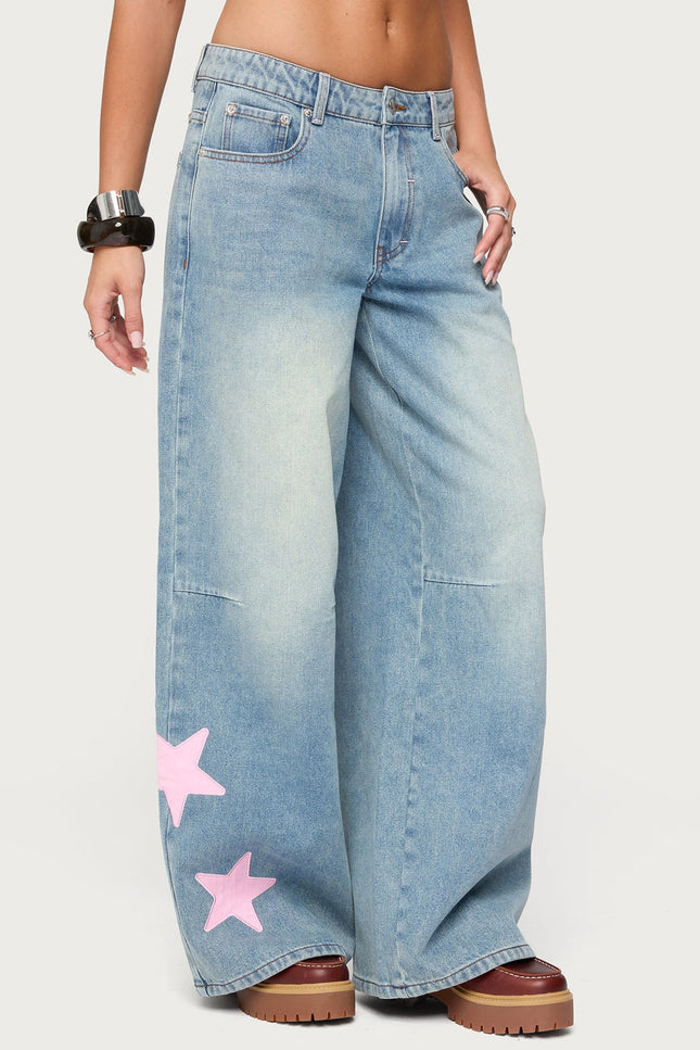 Trish Stars Low Rise Baggy Jeans - Light Blue