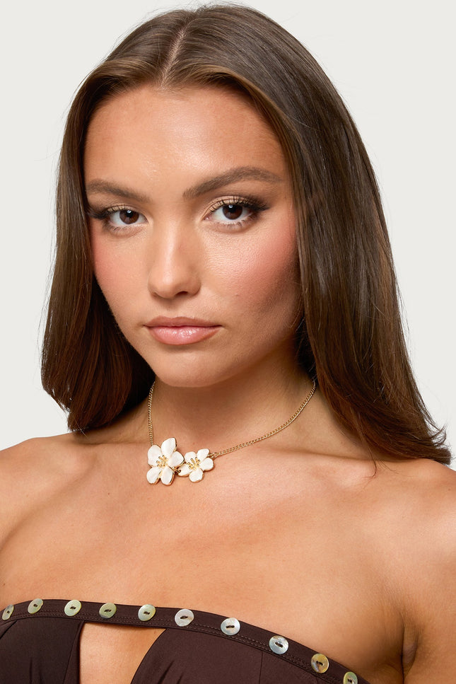 Double Flower Pendant Necklace - Gold