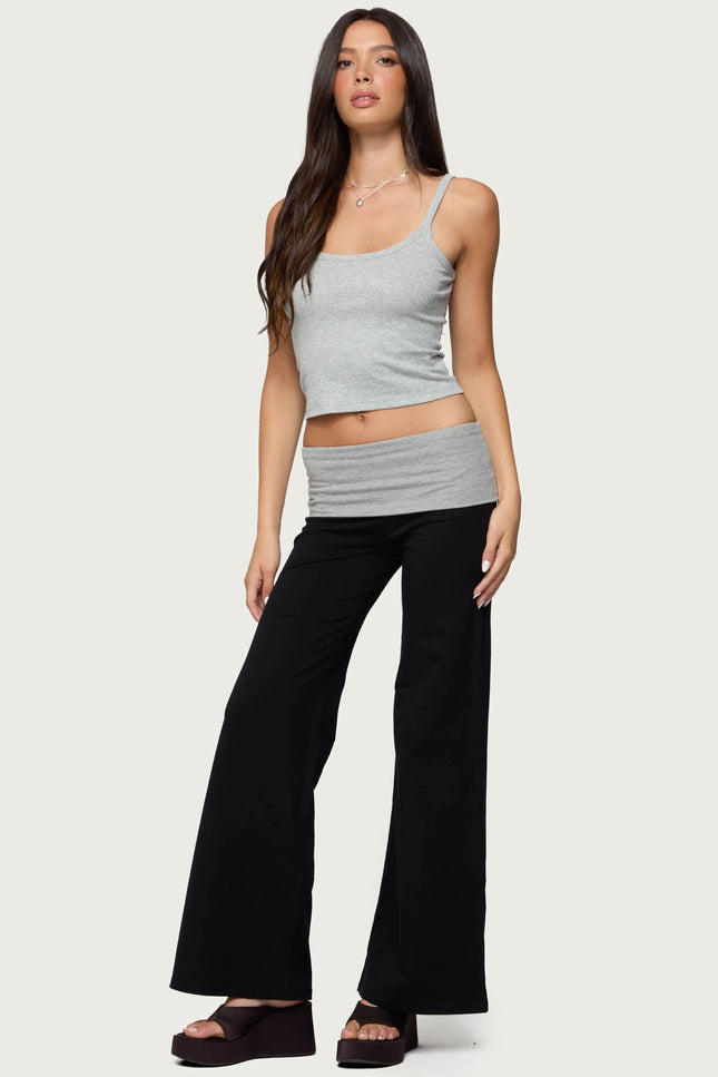 Wide Leg Contrast Foldover Pants - Black