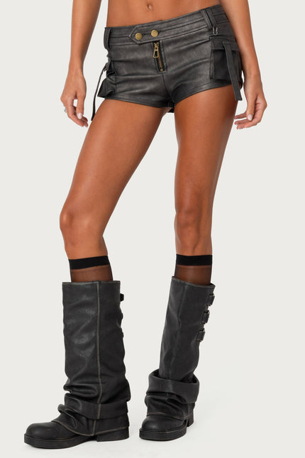 Washed Faux Leather Micro Cargo Shorts - Black Washed