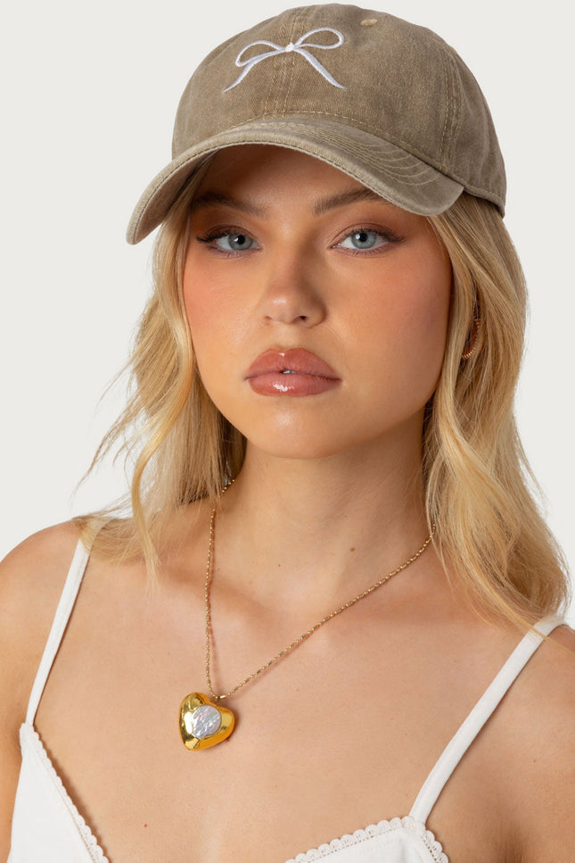 Embroidered Bow Washed Baseball Cap - Brown