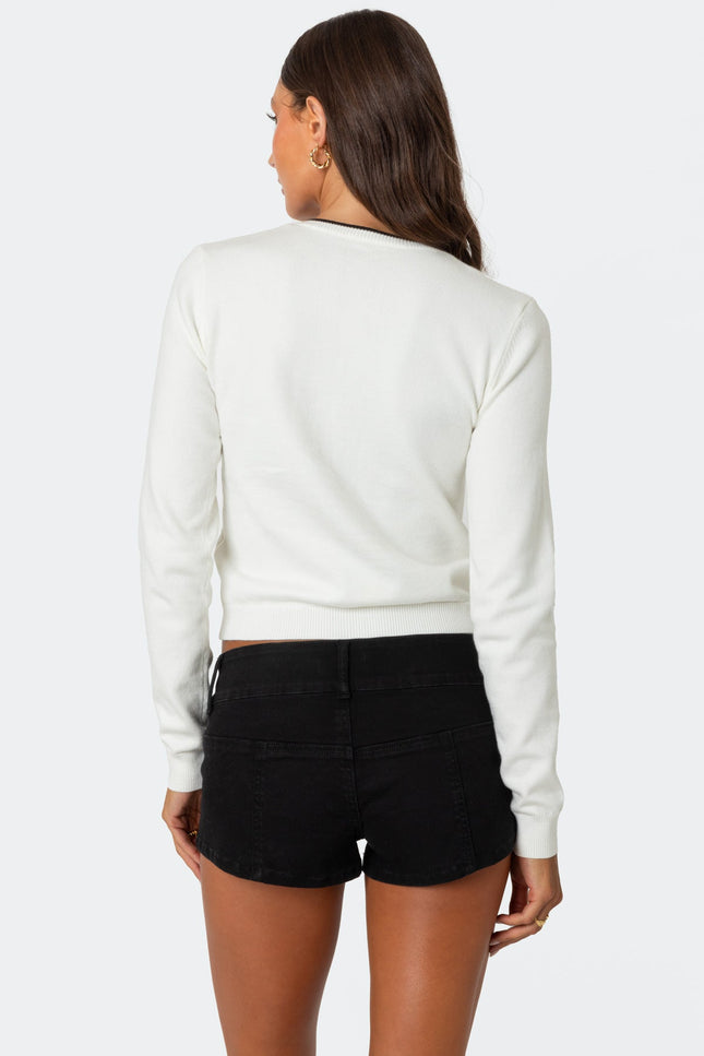 Contrast Bow Knit Cardigan - Cream
