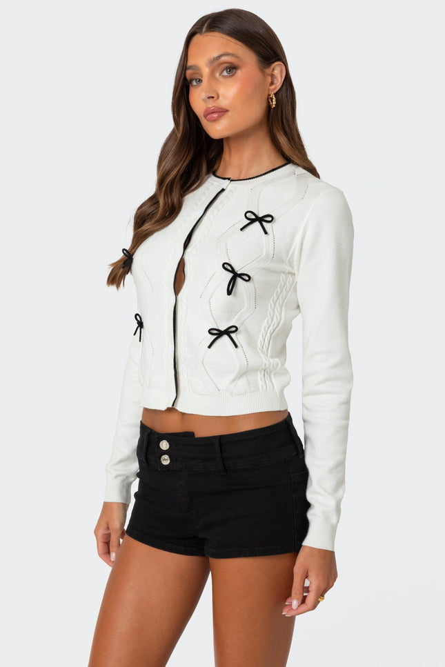 Contrast Bow Knit Cardigan - Cream
