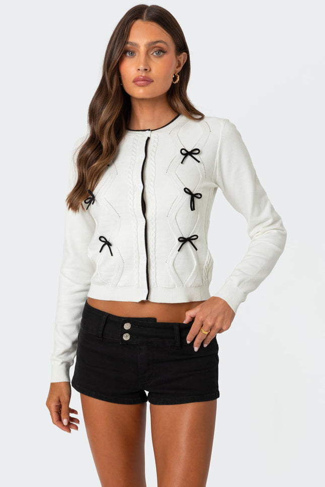 Contrast Bow Knit Cardigan - Cream