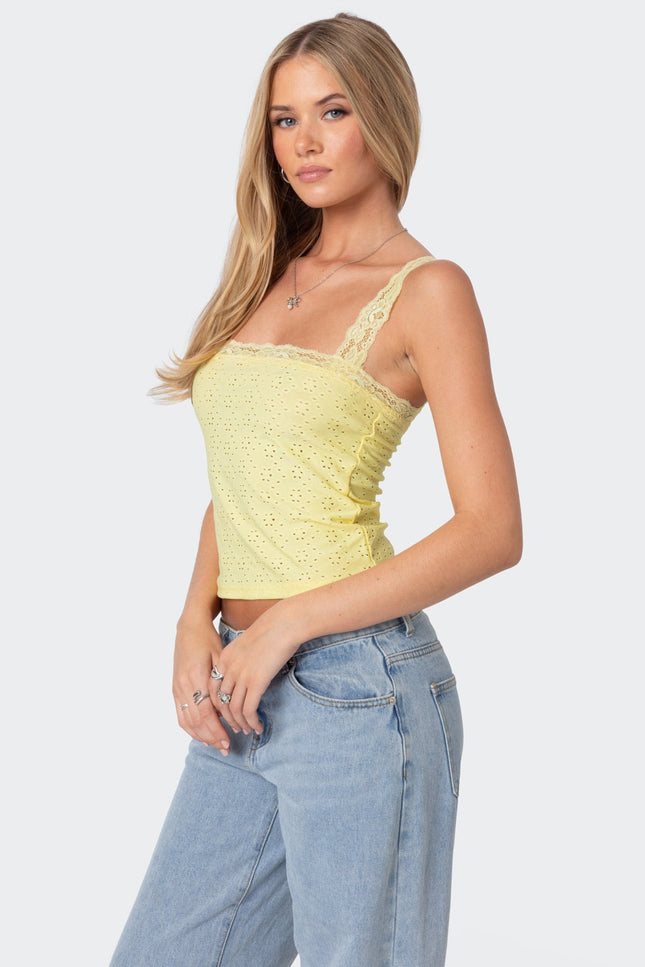 Virginia Lace Trim Eyelet Tank Top - Yellow