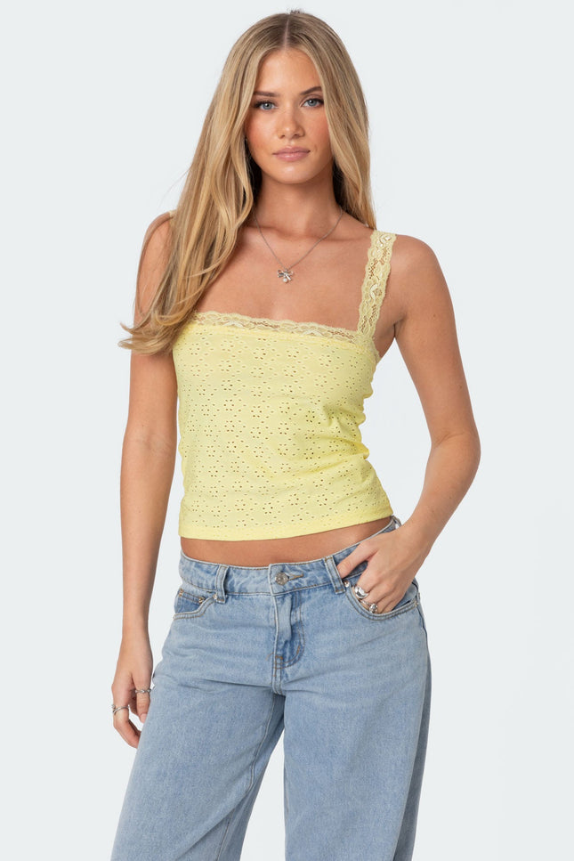 Virginia Lace Trim Eyelet Tank Top - Yellow