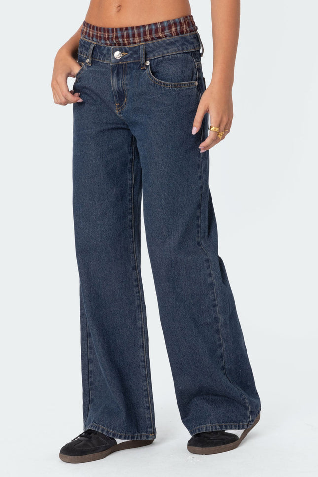 Plaid Boxer Detail Low Rise Baggy Jeans