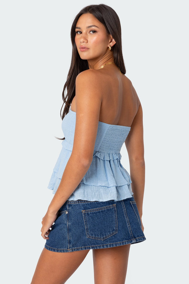 Linen Look Strapless Peplum Top - Light Blue
