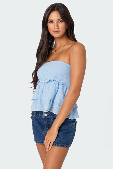 Linen Look Strapless Peplum Top - Light Blue