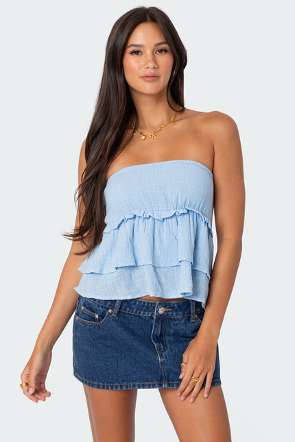 Linen Look Strapless Peplum Top - Light Blue