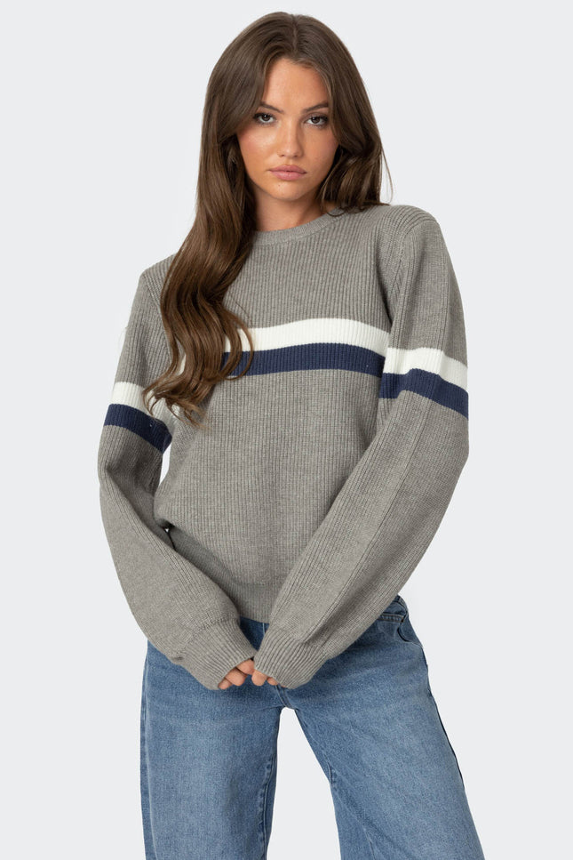 Nautical Striped Oversized Sweater - Gray Melange