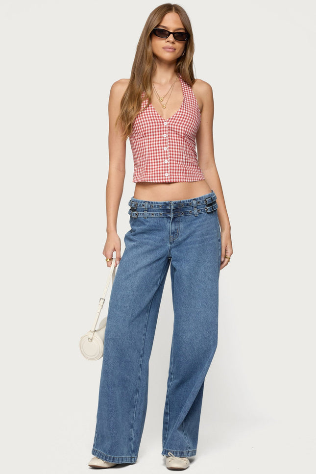 Evan Gingham Button Up Halter Top - Red