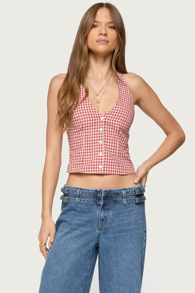 Evan Gingham Button Up Halter Top - Red