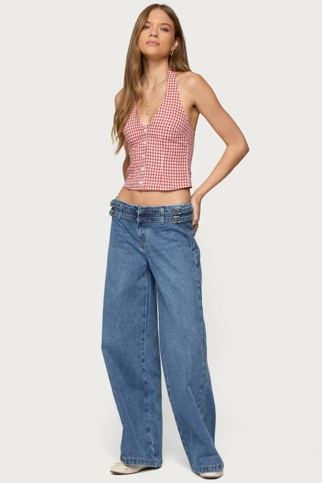 Evan Gingham Button Up Halter Top - Red