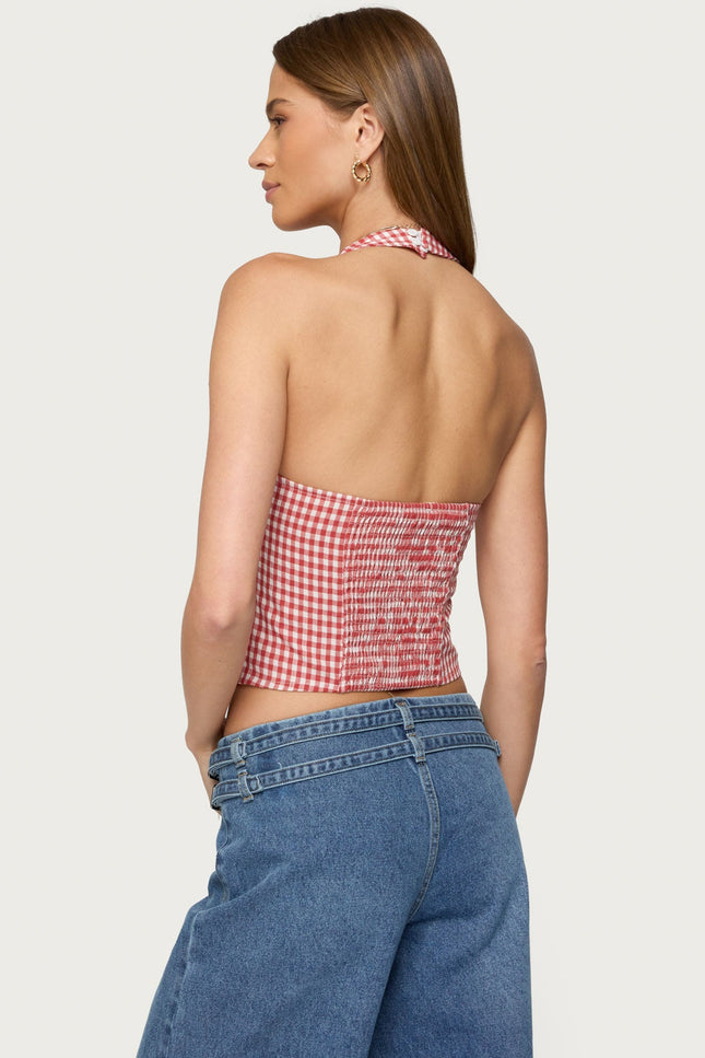 Evan Gingham Button Up Halter Top - Red