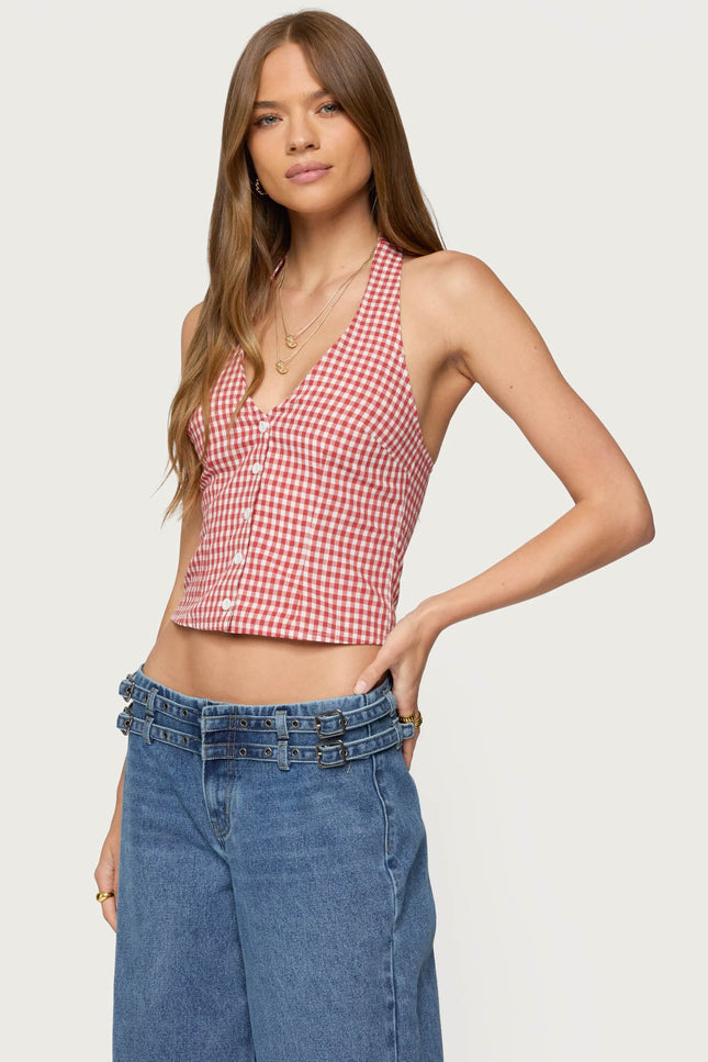 Evan Gingham Button Up Halter Top - Red