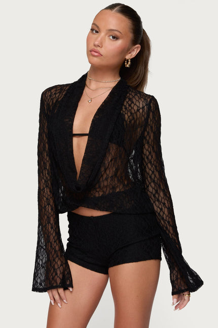 Lera Lacey Sheer Mesh Top - Black