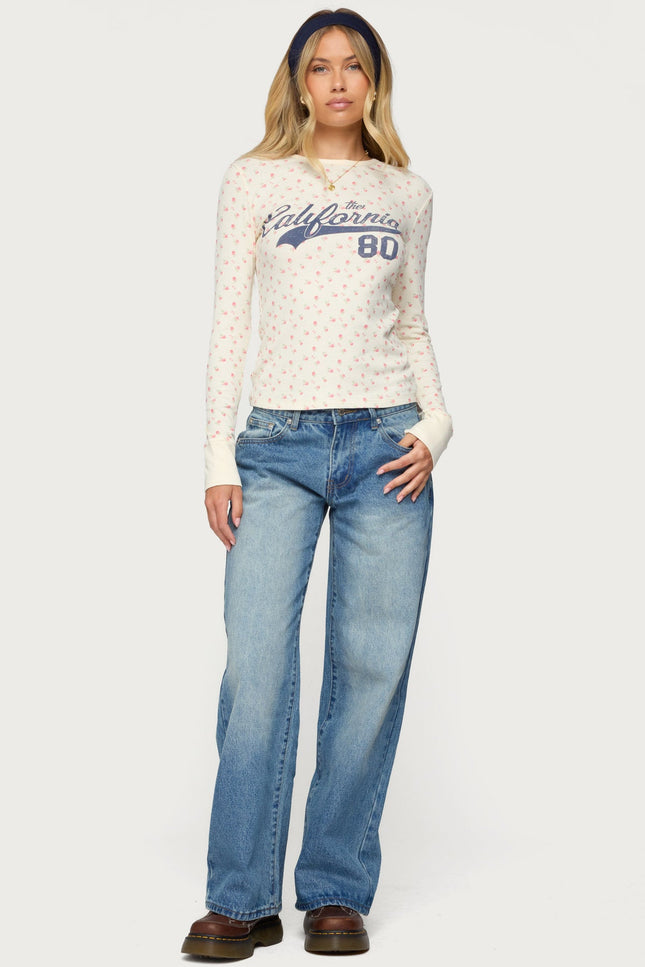 Cali Floral Ribbed Long Sleeve T Shirt - Cream