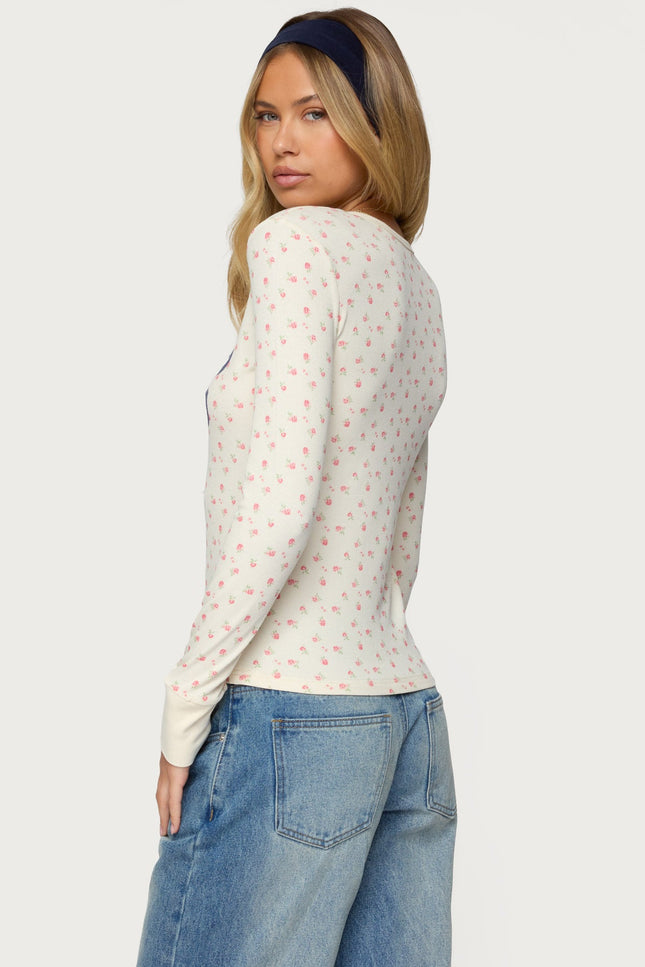 Cali Floral Ribbed Long Sleeve T Shirt - Cream