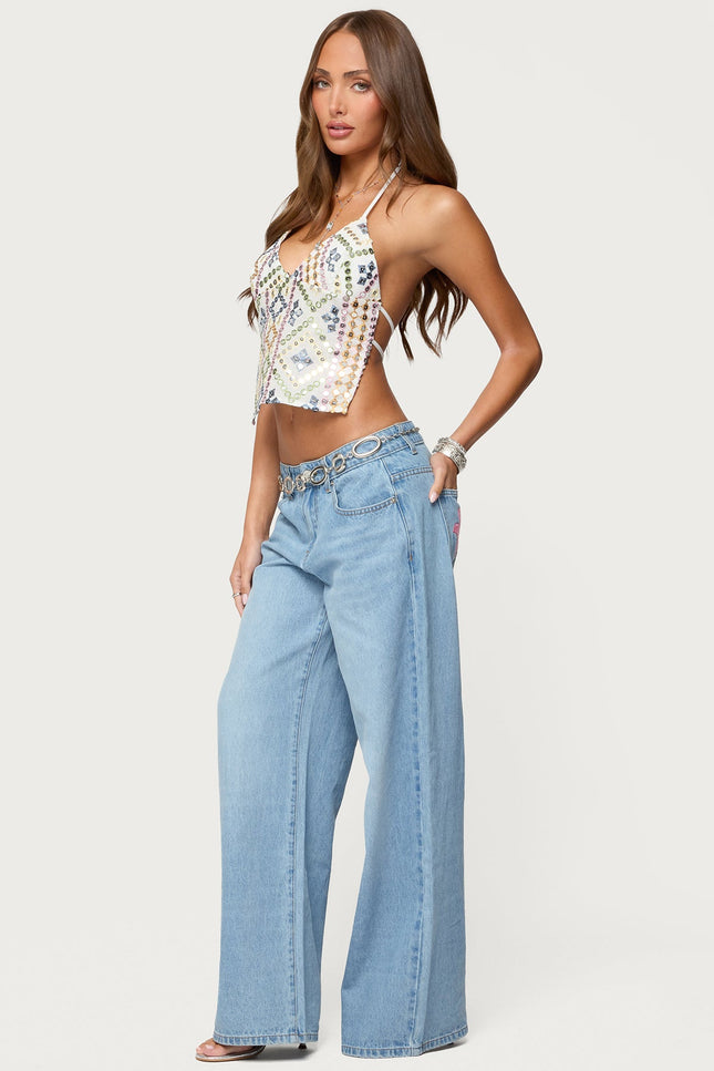 Embroidered Sequin Backless Top