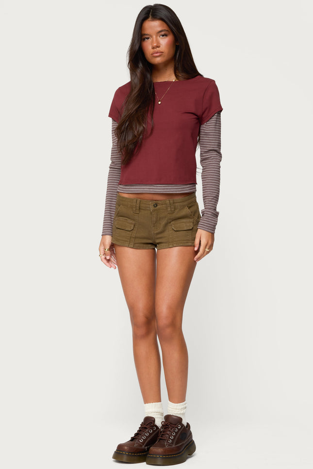 Layered Stripey Long Sleeve T Shirt - Burgundy