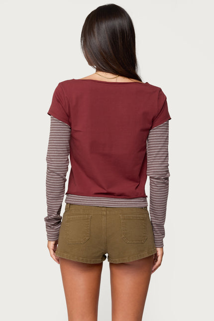 Layered Stripey Long Sleeve T Shirt - Burgundy