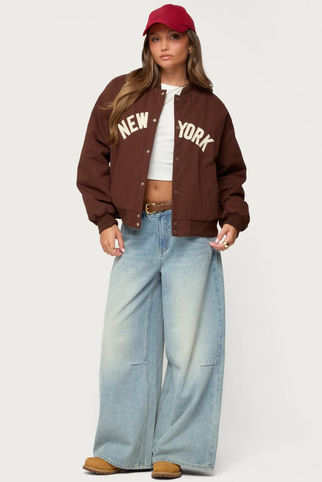 Big Apple Oversized Bomber Jacket - Brown