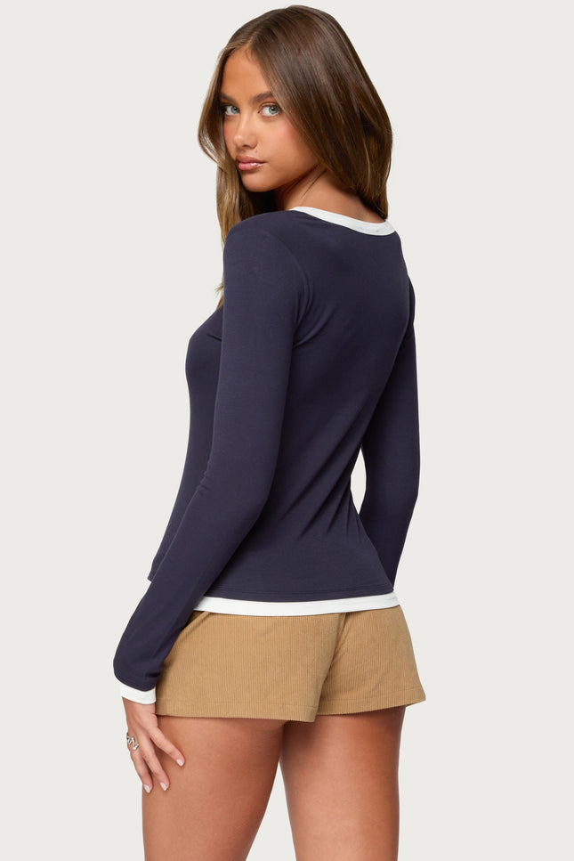 Contrast Layered Look Henley Top - Navy