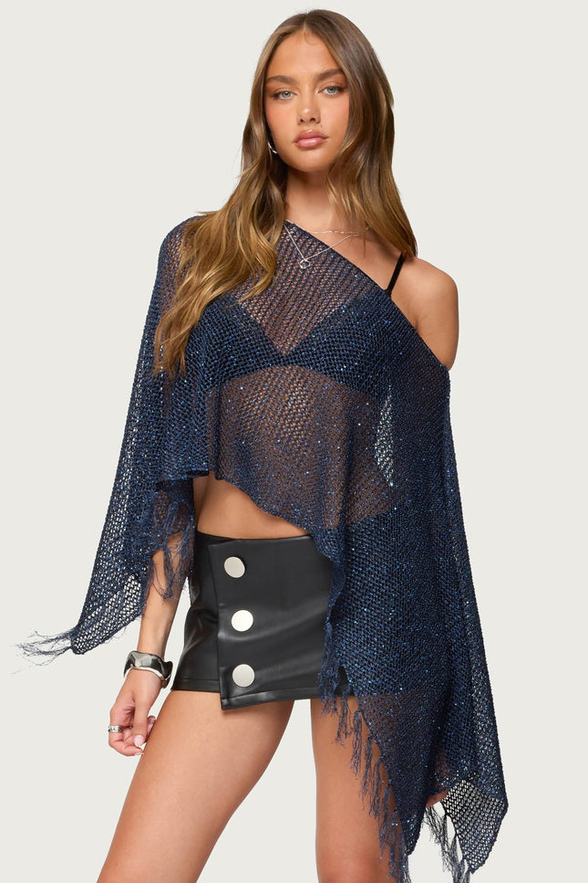 Sequin Fringe Knit Poncho - Navy