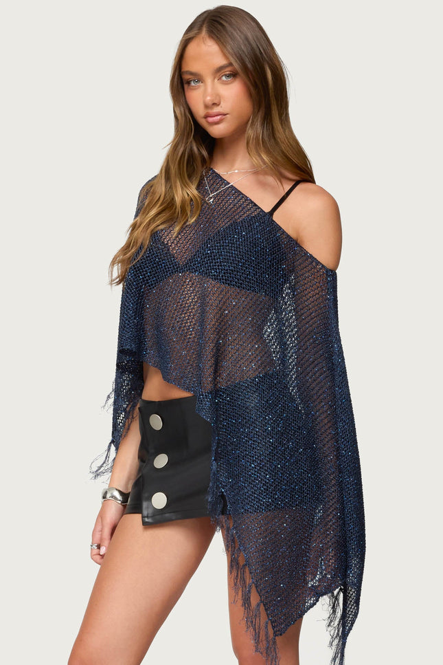 Sequin Fringe Knit Poncho - Navy